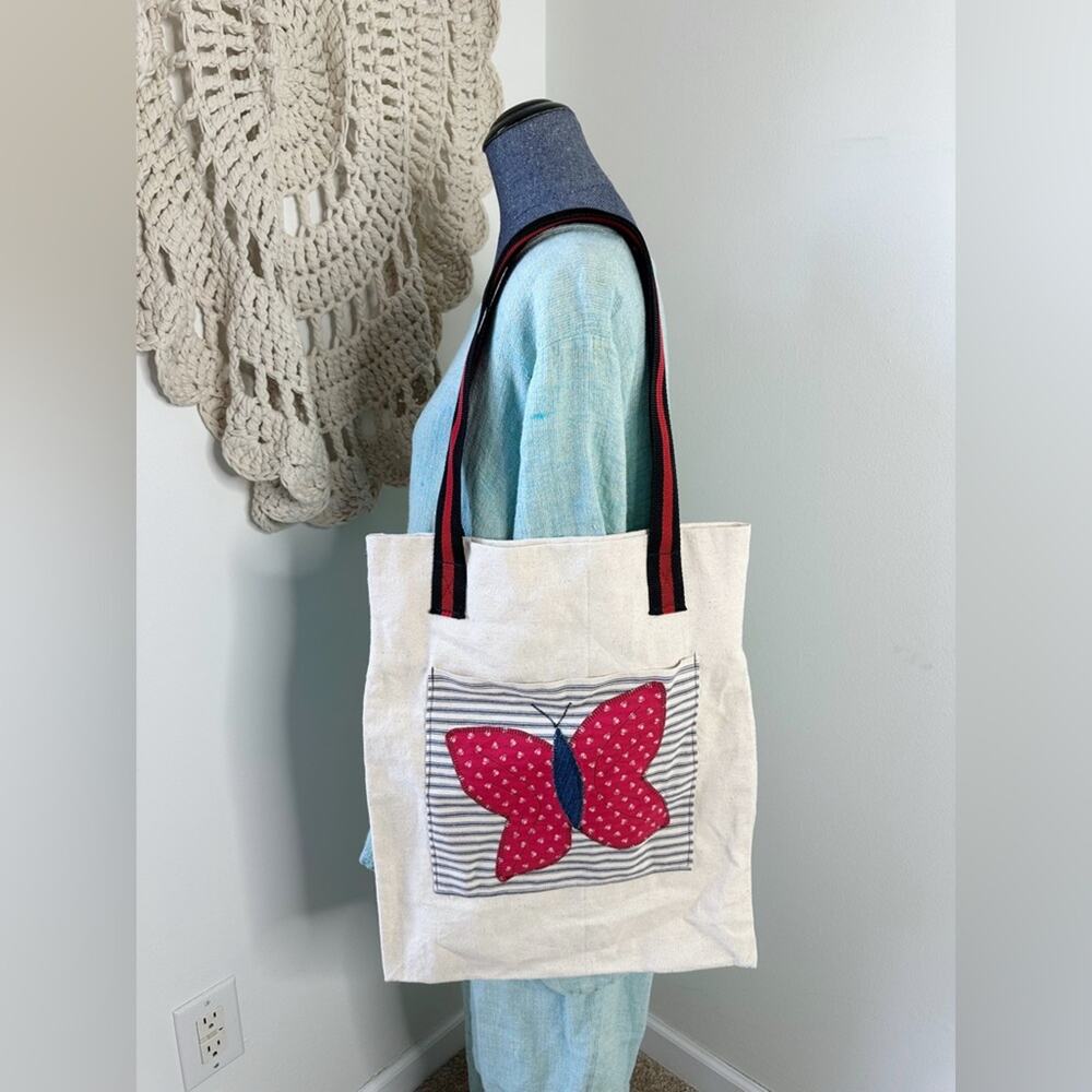 Vintage Handmade Quilted Patchwork Butterfly Tote… - image 1